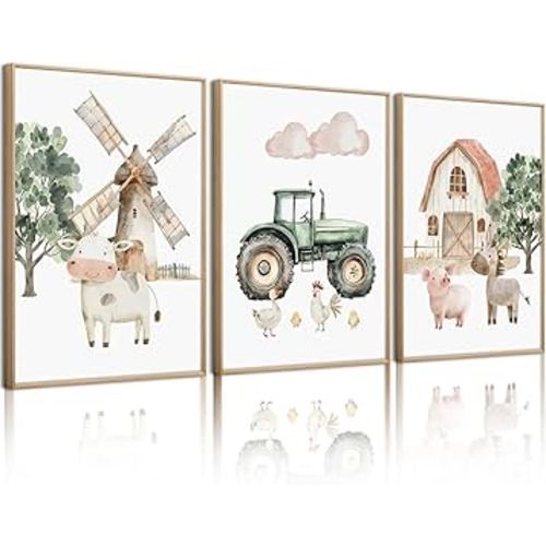 Nursery Farm Animal Wall Art Decor Baby Animal Canvas Prints Nursery Kids Farmhouse Poster Farm Cow Pig Pictures Wall Decor Green Tractor Painting Artwork for Children Bedroom 12x16 Inch Unframed 3Pcs