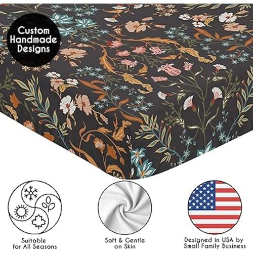 Sweet Jojo Designs Fitted Baby Crib Sheets (Black Wildflower Vintage Floral) for Girls, Infant Nursery, Toddler Room - Standard Size (Boho, Paisley, Bohemian, Cottagecore, Farmhouse, Flower Garden)