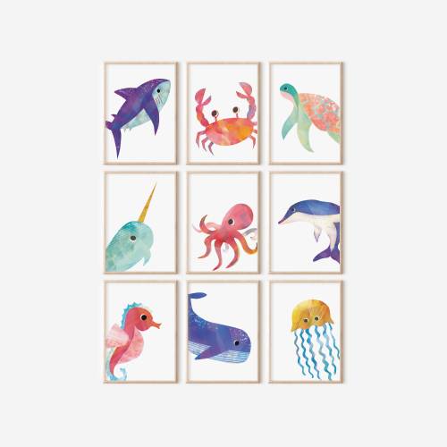 Ocean animal nursery prints, under the sea nursery decor, Shark bedroom wall art, little boys underwater bedroom wall hanging.