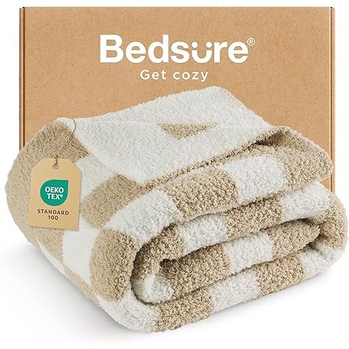 Bedsure Checkered Throw Blanket for Couch - Super Soft, Cozy & Warm Knit Blanket, Breathable, Lightweight & Fluffy for Bed & Sofa, Checkered Beige, 60x80 Inches