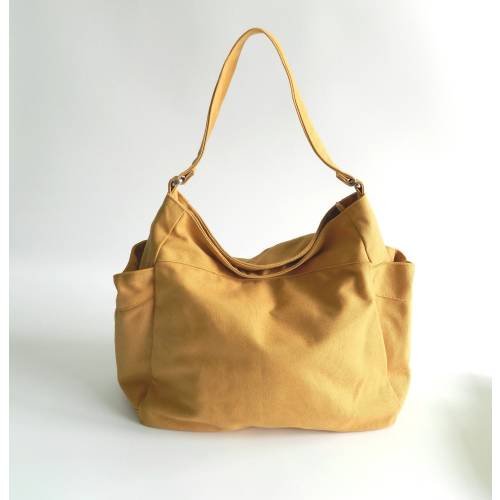 Cotton Canvas Diaper bag for Women, Travel bag with many pockets, Personalized gift messenger Crossbody bag - YELLOW MUSTARD  - no.101 RENEE