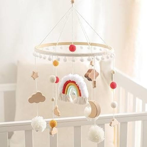 Baby Crib Mobile for Boys Girls Rainbow Nursery Mobile Gender Neutral Hand-Crocheted Mobile Ceiling Mobile - Rainbow, Clouds, Moon