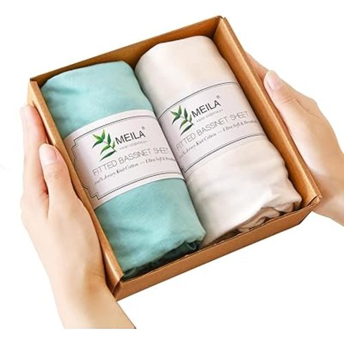 MEILA Bassinet Fitted Sheets Compatible with HARPPA Baby Bassinet & Fodoss Baby Bassinet, 100% Jersey Cotton Beside Bassinet Sheet for Baby Girl, Pack of 2, 33x20 (Sage+Natural White)