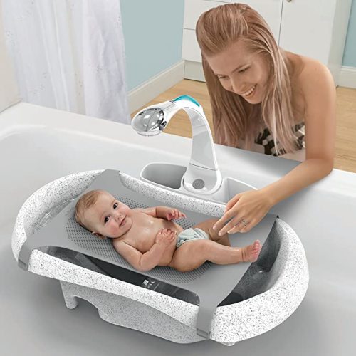 The First Years Rain Shower Baby Bathtub — Baby Spa for Newborn to Toddler — Includes Convertible Bathtub and Sling with Soothing Spray — Baby Bath Essentials - Shower + Tub