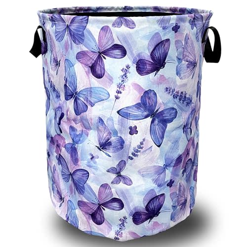 Blue Purple Butterfly Laundry Basket Foldable With Handles Tote Bag Oxford Cloth Colorful Laundry Hamper Clothes Storage Bucket Toy Organizer 18.9" x 16.5" For Bathroom/Laundry/Bedroom