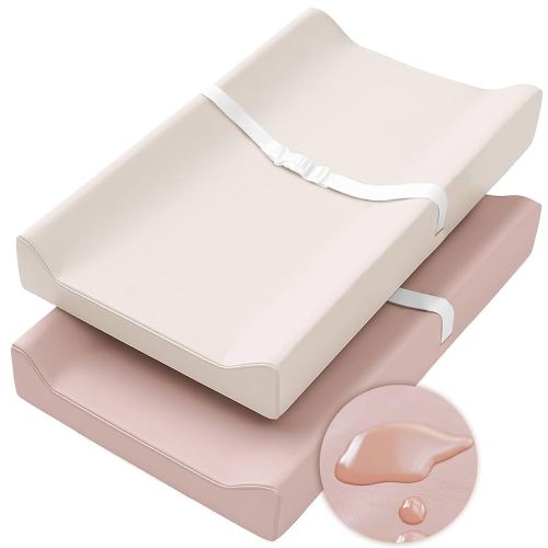 Konssy Vegan Leather Changing Pad Cover for Baby Girls Boys, 2 Pack Waterproof & Wipe-Clean Diaper Chang Table Covers, Soft Changing Pad Sheets (Pink,Beige)