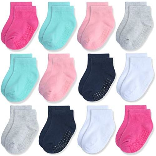 JAKIDAR 12 Pair Baby Toddler Socks Non-Slip Grip Cotton Ankle Socks for Boys Girls Non Skid Soles for Infants Kids