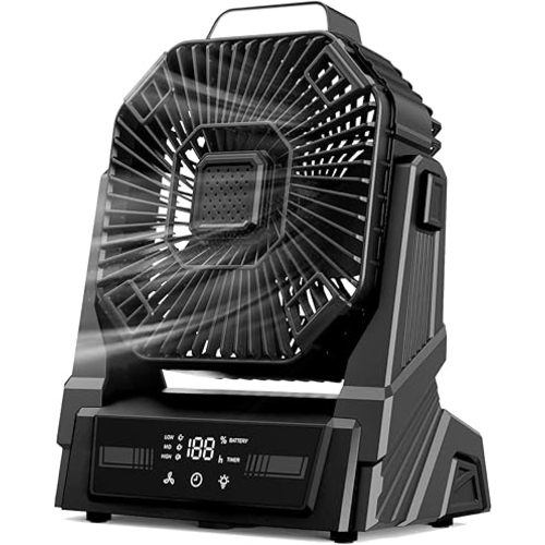 KopBeau Portable Camping Fan with Lights, 20000mAh Rechargeable Battery Operated Fan, Battery Powered Outdoor Beach Tent Fan with 3 Speeds & Hook, Personal USB Table Fan for Camping Accessories Black
