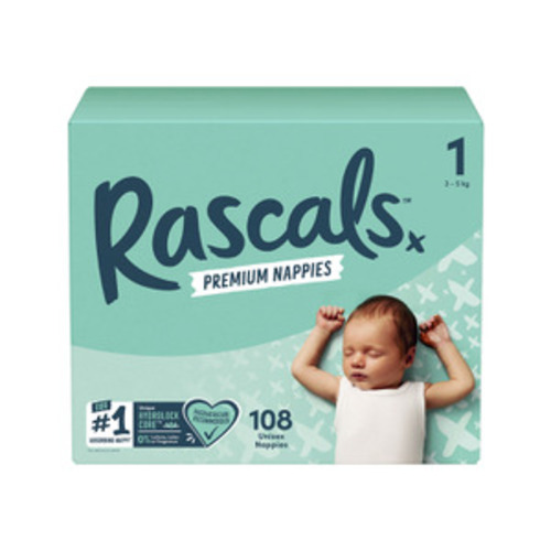 Rascals Premium Nappies Size 1 (3-5Kg) | 108 Pack
