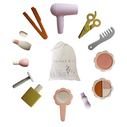 Marlowe & Co Silicone Hair Salon and Makeup Kit for Toddlers and Children, 12 Piece Mess Free Pretend Play Beauty Set for Girls with Storage Bag