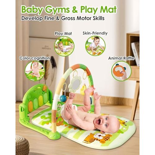 dearlomum Baby Play Mat Baby Gym,Funny Play Piano Tummy Time Baby Activity Mat with 5 Infant Sensory Baby Toys, Music and Lights Boy & Girl Gifts for Newborn Baby 0 to 3 6 9 12 Months (Green)