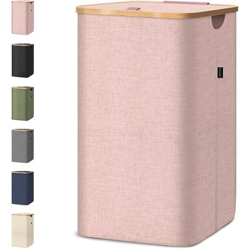 BALEINE Laundry Hamper with Lid, Tall Laundry Baskets with Bamboo Pull Handles, Large Laundry Bin with Internal Support (26 Gal/100L, Pink)