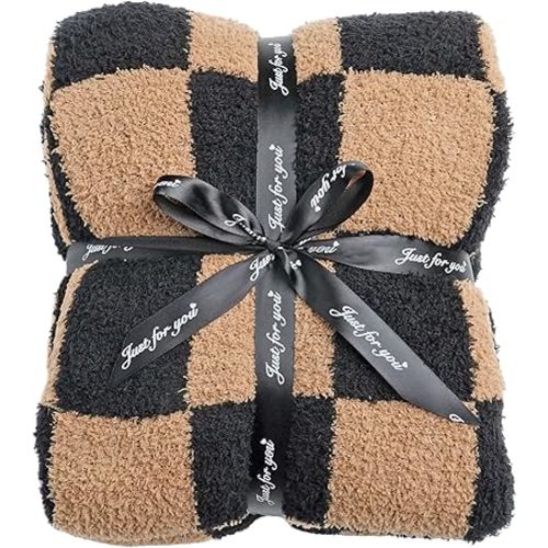 Ultra Soft Checkered Blanket Cozy Buffalo Check Throw Fluffy Knitted Reversible Throw Blanket Lightweight Fleece Checkerboard Grid Blanket for Sofa Couch Bed Travel, Black/Camel, 51''x63''