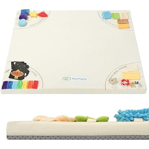 Baby Play Mat, Unique Crawling Mats with 4 Sensory Development Zones for Motor Skills, 50''x50'' Playpen Mats with Non-Slip Cushioned that Fits Nicely Into Any Playroom, Beige