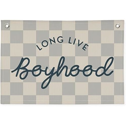 Long Live Boyhood Linen Banner,Vintage Nursery Checkered Flag Boys Room Decor,Decor Nursery Playroom Wall Decor for Kids Bedroom Dorm,Toddler Decorations Trendy Room Decor,Gifts for Teen boyroom
