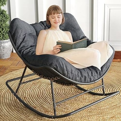 SWITTE Papasan Rocking Chair, Outdoor Rocking Chair with Cushion, Oversized Rocker Egg Patio Lounge Chairs Indoor - Dark Grey
