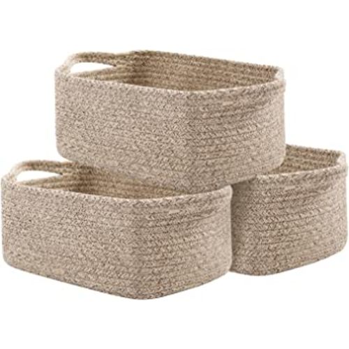 OIAHOMY Cotton Rope Woven Baskets for Storage, Nursery Rectangle Storage Basket with Handles for Shelves, Pack of 3, Brown Variegated