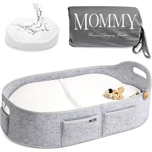 J&JOO Baby Changing Basket - Wipeable Waterproof Cover, Portable, Foldable Changing Pad for Dresser, Changing Table Topper, Living Room Changing Pad
