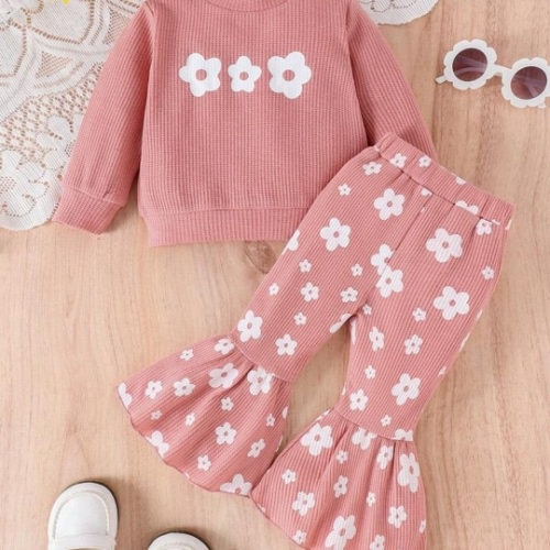 2pcs/Set Baby/Baby Girl Cute Printed Long Sleeve Sweatshirt + Flare Pants Outfit, Light Weight For Spring/Autumn | SHEIN USA