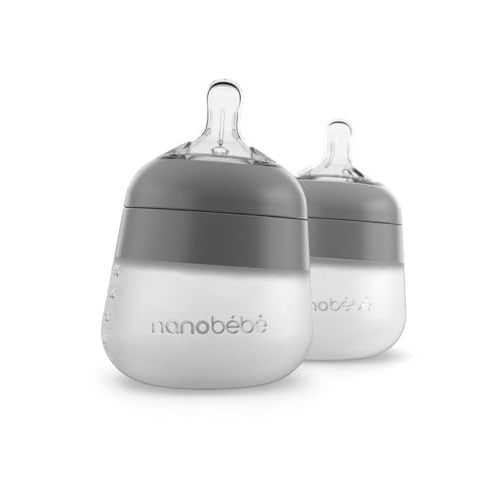 Nanobebe Flexy Silicone Baby Bottle, Anti-Colic, Natural Feel, Non-Collapsing Nipple, Non-Tip Stable Base, Easy to Clean 2-Pack, Gray, 5 oz