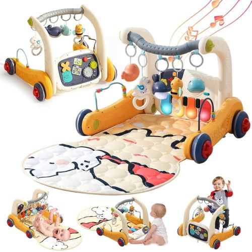 Baby Play Mat Gym,4-in-1 Baby Kick and Play Piano Tummy Time Mat Learning Walker-Musical Activity Center with Lights Seat and Push Walkers Ideas for Baby Newborn 0-6-12 18 Months Boy Girl