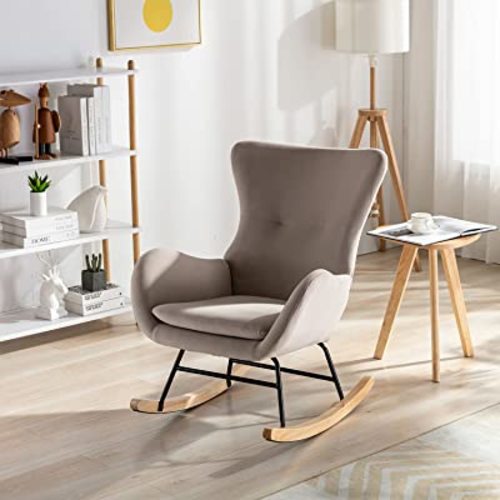 Kiztir Velvet Rocking Chair Nursery, Modern Rocking Chair with High Backrest, Comfy Accent Glider Chair for Nursery, Living Room, Bedroom (Beige)