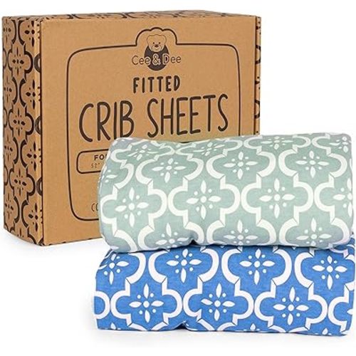 Cee & Dee Boho Fitted Crib Sheets 2-Set for Baby Boy & Girl - Stylish Flower Design, Light & Dark Shades, 100% Jersey Cotton, Machine Wash, Oeko-Tex Certified for Safety, Designed in USA (Flower)