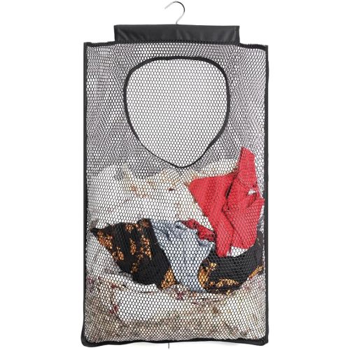 ALYER Breathable Mesh Laundry Hamper,Foldable Hanging Closet Storage Basket,Portable Space Saving Dirty Clothes Bag (Black)