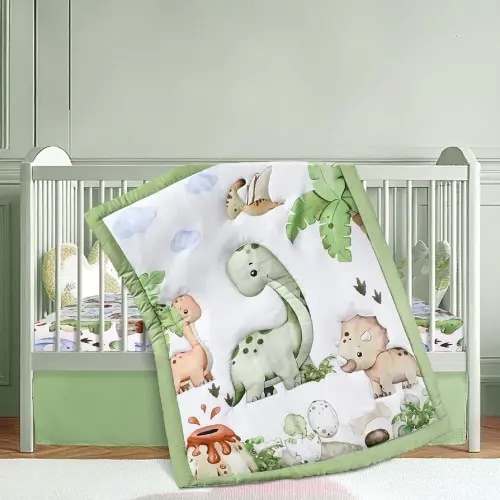 3 Pcs Baby Crib Bedding Set Safari Animals Dinosaurs Bear Woodland Animals Jungle Crib Set Includes Quilt, Fitted Sheet, Skirt for Baby Boy Girl(Green,Dinosaur)