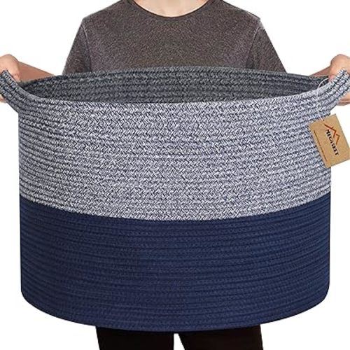 Large Baskets for Organizing, 22” X 14” Blanket Storage for Living Room, Woven Cotton Rope Baby Laundry Basket Bin, Oversized Basket for Blankets, Throw Blankets Pillow Holder Organizer