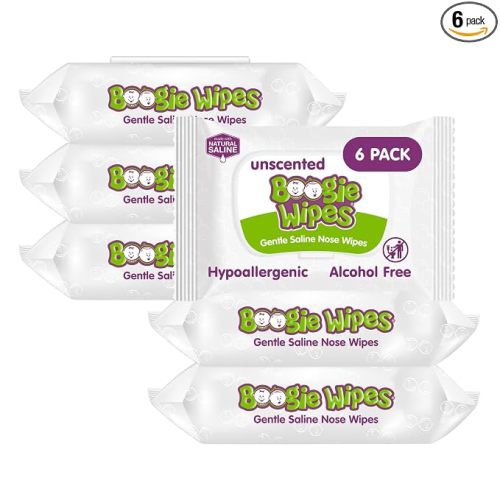 Boogie Wipes Gentle Saline Nose Wipes - 180 Count - Unscented, Hypoallergenic & Alcohol-Free - Made with Natural Saline, Aloe, Chamomile & Vitamin E - Diaper Bag Essential