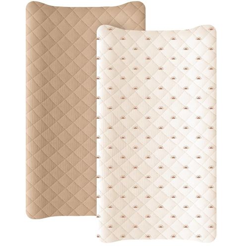 Konssy Waterproof Muslin Changing Pad Cover 2 Pack, Quilted Cotton Fitted Diaper Chang Table Cover, Soft Changing Pad Sheets for Girls Boys (Camel,Sun)