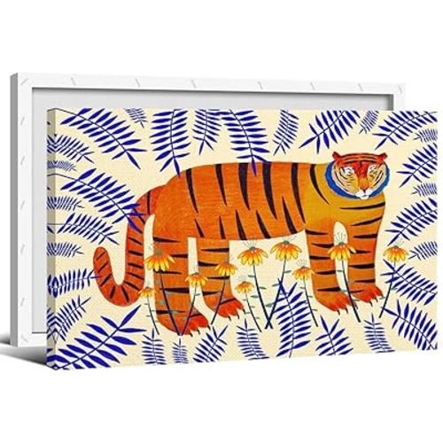 Tiger Canvas Wall Art, Cute Animal Nursery Wall Art, Trendy Lucky Tiger and Flowers Poster, Funky Animal Picture for Boys Girls Bedroom Playroom, Tiger Painting Art for Wall 12x16in Wrapped Canvas