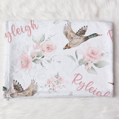 Mallard Duck Swaddle, Personalized Baby Gift, Custom Pink Flower Baby Name Blanket, Personalized Baby Girl Floral Swaddle Baby Shower Gift