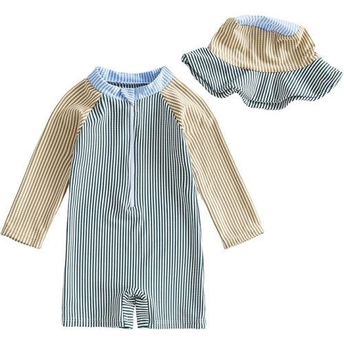 Toddler Baby Boys Seersucker Long Sleeve One Piece Rash Guard Swimsuit Zipper Bathing Suit Swimwear with Hat