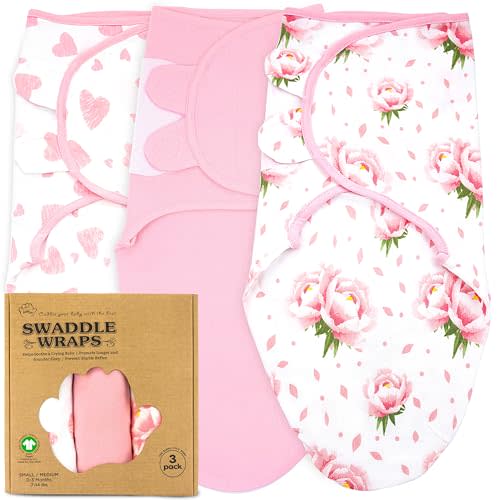 Bublo Baby Swaddles for Newborn Girls - 3 Pack Organic Swaddle Blankets for 0-3 Months - Swaddle Sleep Sacks with Hearts-Flowers Pattern