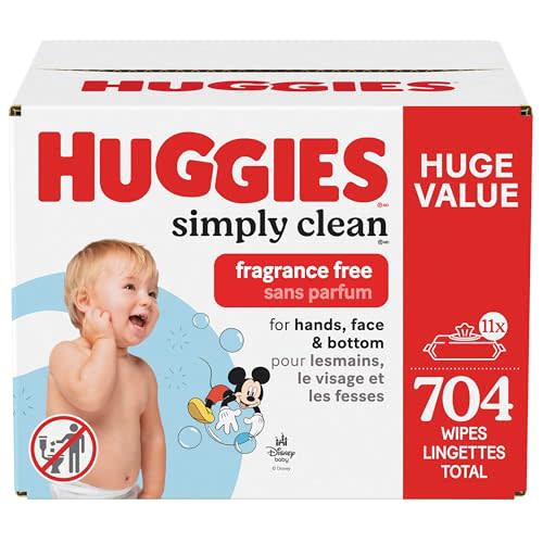 Huggies Simply Clean Unscented Baby Diaper Wipes, 11 Flip-Top Packs (704 Wipes Total), Packaging May Vary