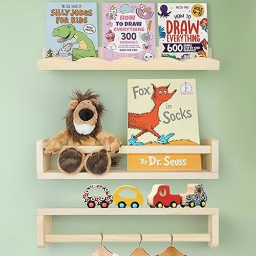 Floating Book Shelves for Wall, 16.5" Natural Wood Nursery Shelves for Book Storage, Solid Pine Wooden Floating Bookshelf for Bedroom Living Room, Set of 2+1, Unfurnished - DIY