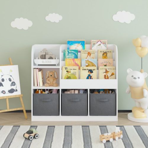 Kids Bookcase And Bookshelf, Multifunctional Bookcase With 3 Collapsible Fabric Drawers, Bookcase Display Stand