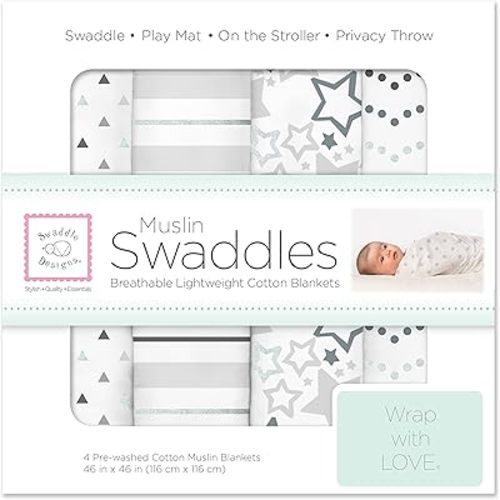 SwaddleDesigns Cotton Muslin Swaddle Blankets, Set of 4, Receiving Blankets for Baby Boys & Girls, Best Shower Gift, 46x46 inches, Sterling Starshine & Dots