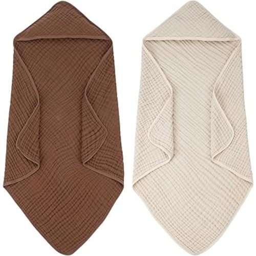 FUNUPUP Muslin Hooded Baby Towels 2 Pack Baby Bath Towels with Hood Baby Towels for Newborn, Infant, Toddler, Large 32x32 Inch Soft and Absorbent Baby Bath Essentials(Brown&Khaki)