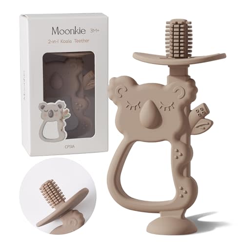 Moonkie Teething Toy, Safe & Easy to Hold BPA Free Silicone Teethers, 360° Baby Toothbrush with Suction Base, Teether Toys Best for Babies 6-12 Months (Koala Warm Taupe)