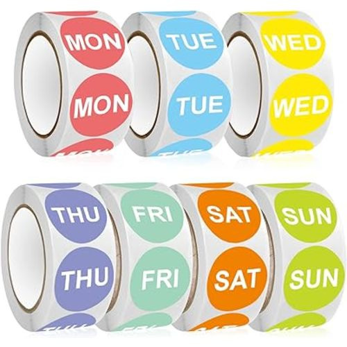7 Day of The Week Sticker, 1" Round Day Dot Food Rotation Labels - 3500 Pcs Date Stickers for Food Containers (500 Labels/Roll)