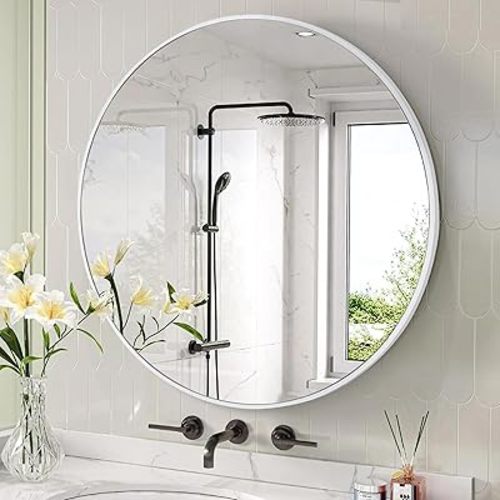 Round Wall Mirror 24 Inch, Circle Mirrors with White Wood Frame for Bathroom, Entryway, Dining Room & Living Roomr(White)