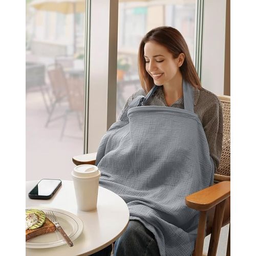 Blissful Diary Muslin Nursing Cover for Breastfeeding, Breathable Breastfeeding Cover up with Arch Neckline for Women, Nursing Apron (Light Grey)
