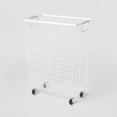 Wire Rolling Laundry Hamper - Brightroom™: White Steel Clothes Hamper With Locking Wheels, Open-top, No Assembly Required