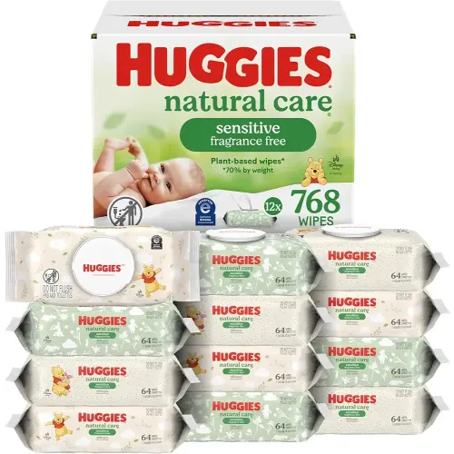 Huggies Natural Care Sensitive Baby Wipes, Unscented, Hypoallergenic, 99% Purified Water, 12 Flip-Top Packs (768 Wipes Total), Packaging May Vary