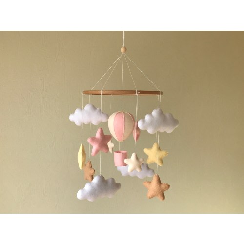 Baby mobile neutral girls room decor minimalist. Hot air balloon adventure nursery. Unique pregnancy gift mom to be