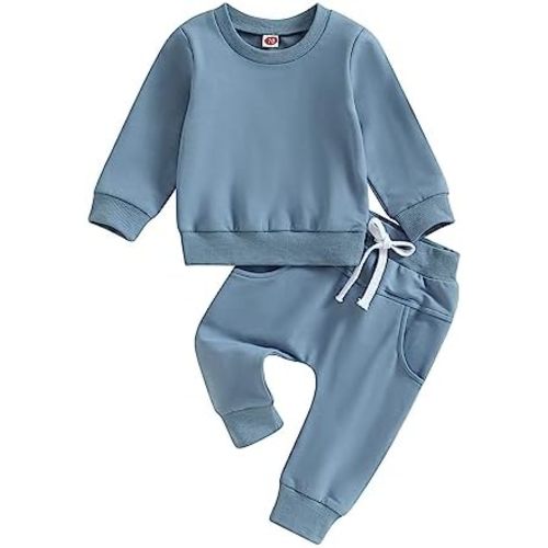 Thorn Tree Toddler Baby Boys Fall Outfits Long Sleeve Pull On Sweatshirt Elastic Waist Pants 2Pcs Solid Clothes Set