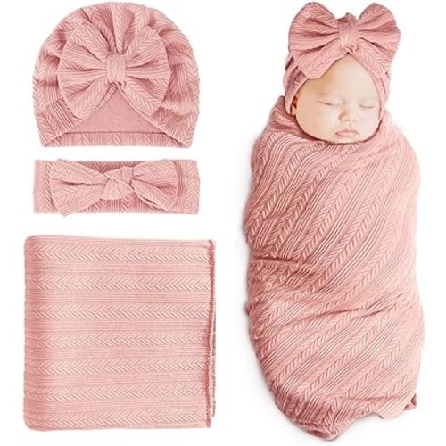 DRESHOW BQUBO Newborn Receiving Blanket Toddler Warm for Girls with Matching Bow Hat and Bow Headband Shower Gift